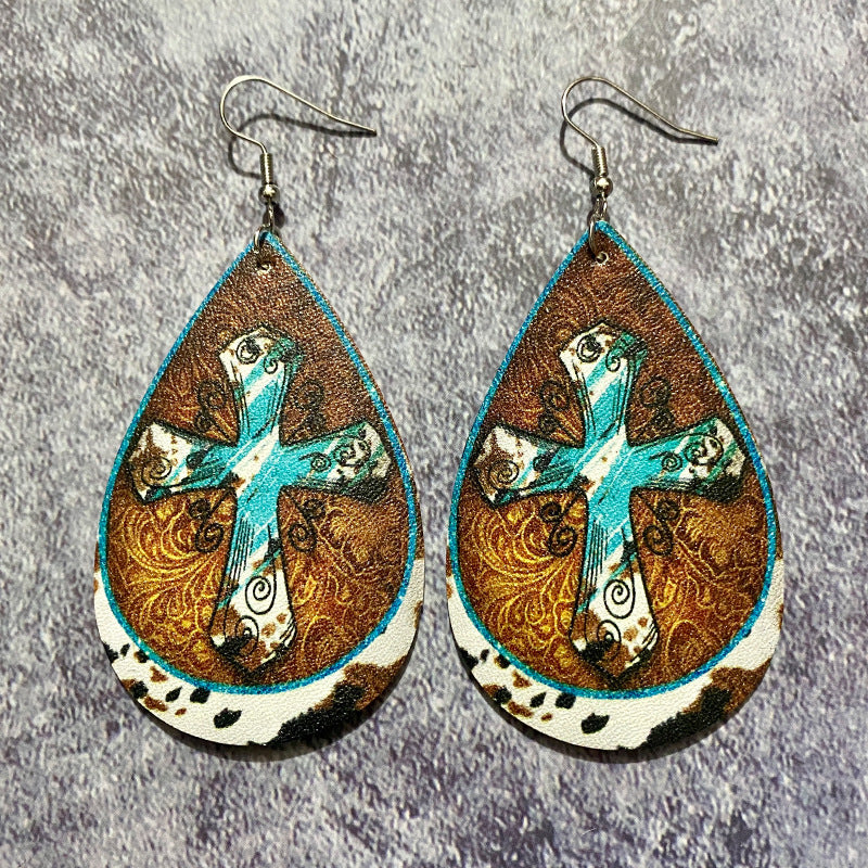 Wholesale Western Vintage Bohemian Water Drop Leather Earrings
